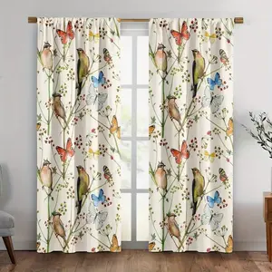 2-Piece American Country Bird and Flower Print Curtains, Machine Washable, Semi-Blackout Polyester Fabric, Perfect for Living Room, Room, and Home Decor