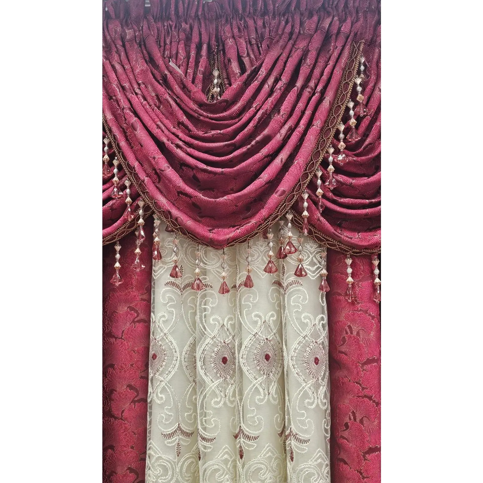 Luxury Stefania Burgundy 7PC Curtain Set with Elizabeth Embroidered Center Curtain & Backing