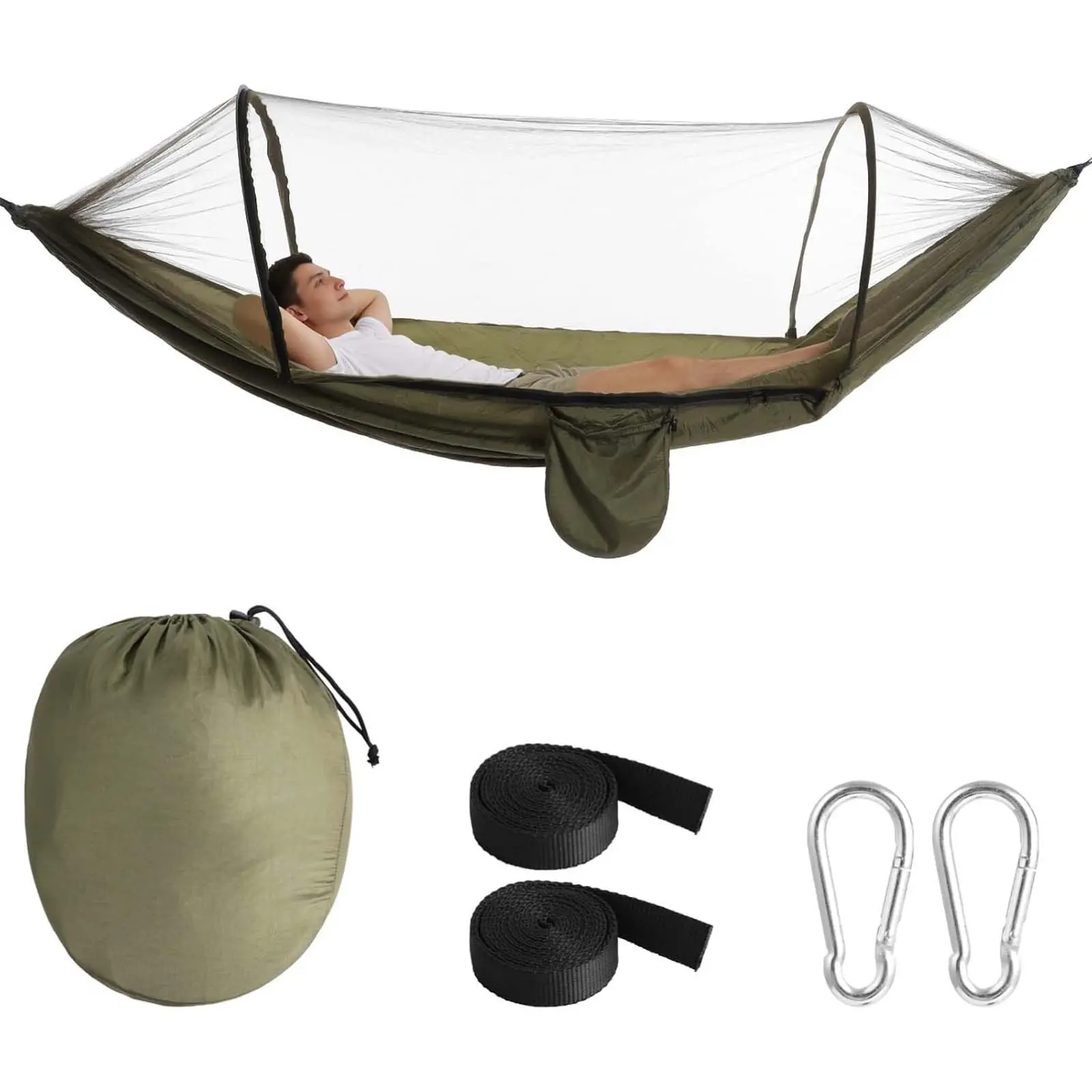 Heavy Duty Nylon Camping Hammock with Mosquito Net - Travel Accessory Hammock, 8.5ftx4.6ft/260cmx140cm Large Size Unisex Easy Setup Swing for Camping, Hiking, Includes Carabiners, 102in Tree Straps, Small Bag