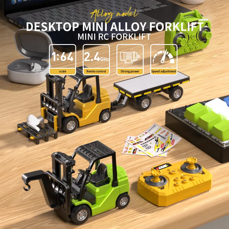 1/64 Mini RC Forklift, Remote Control Excavator, 11 Channel 2 Mode 2.4Ghz Remote Control Alloy Construction Vehicles Set with USB-C Rechargeable, 2 in 1 Transformable Lift Fork & Hook, Birthday Christmas Gift for Kids Adults Boys and Girls