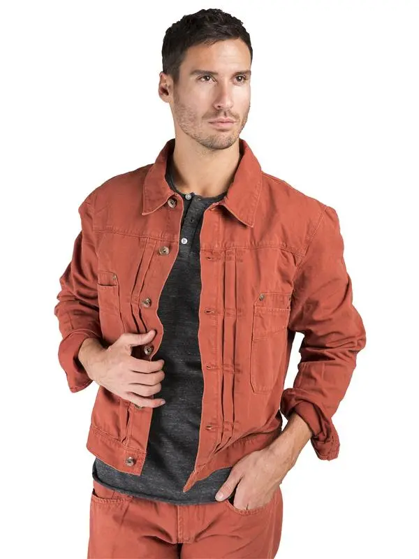 MEN'S BBQ RED HEAVY WASH CANVAS TRUCKER JACKET