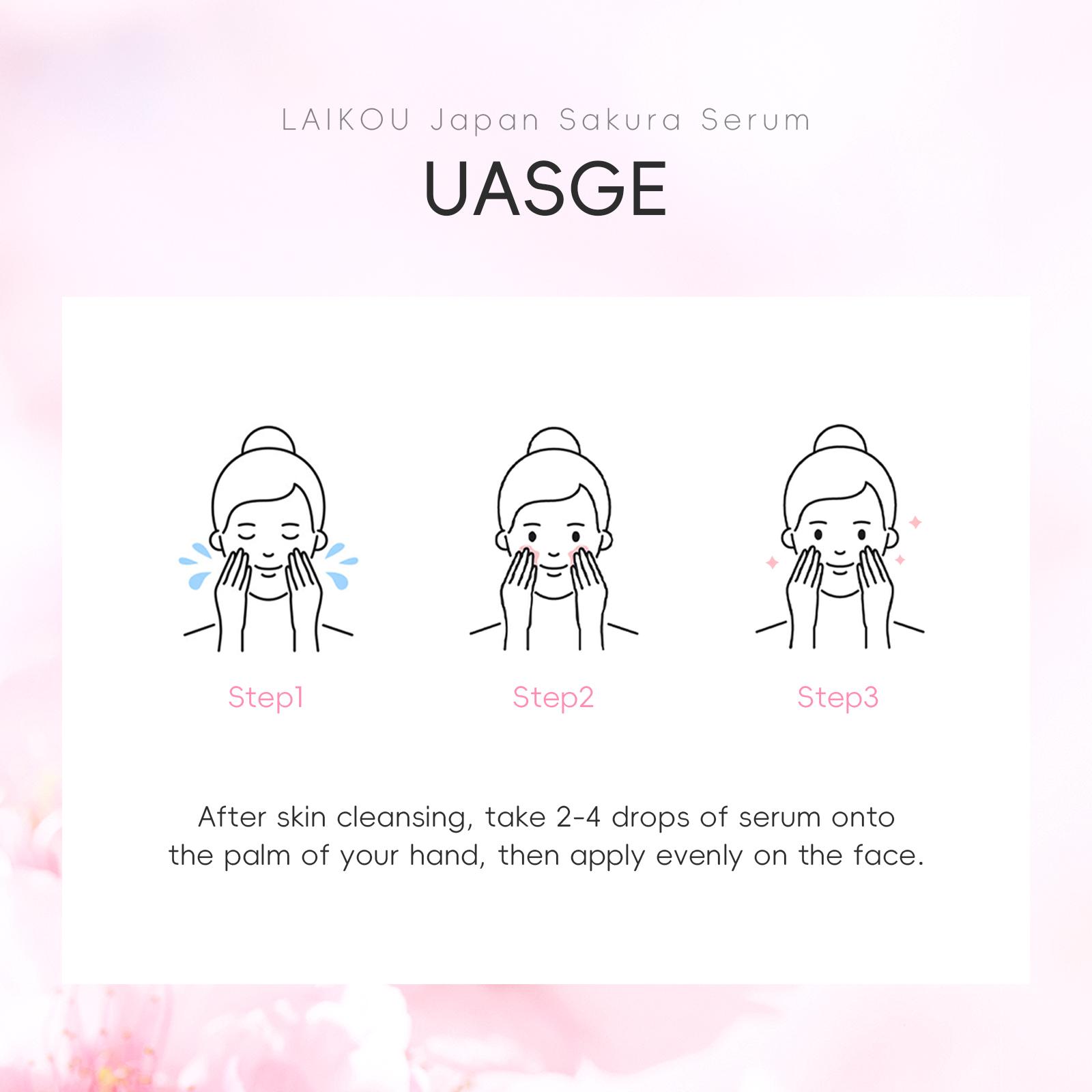 LAIKOU Japan Sakura Serum 30ml , Day & Night Use with Sakura Extract, Niacinamide & Hyaluronic Acid, Lightweight Fast Absorbing for Hydrated Glowing Skin