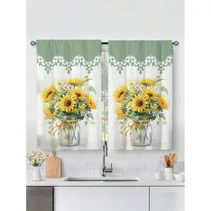 2pcs Sunflower Print Kitchen Window Curtain,Without Holes Curtain,Refer To Bedroom Office Kitchen Living Room Study Home Decor