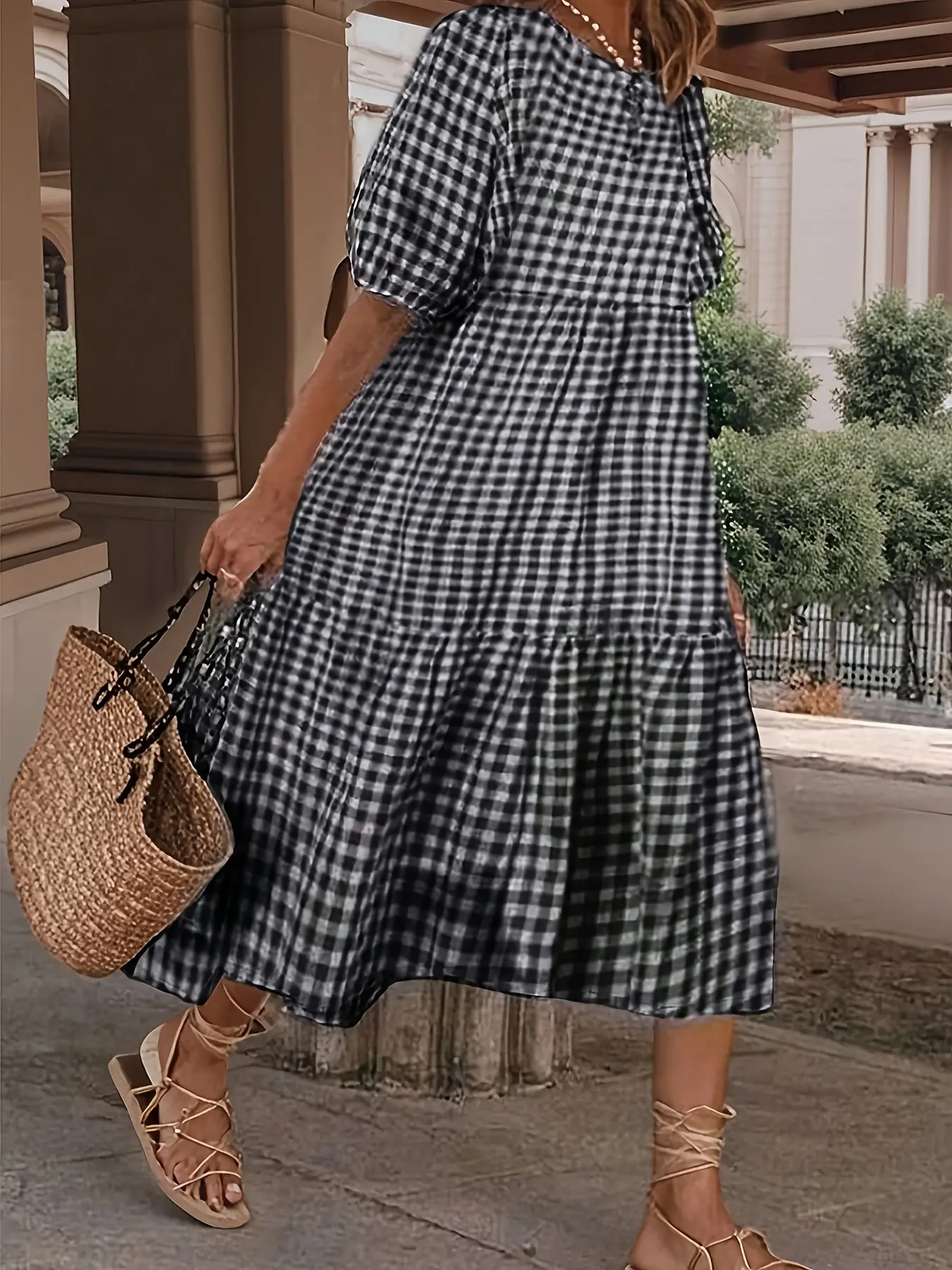 Round Neck Short Sleeve Plaid Long Casual Bohemian Summer Dress, Women's Fashionable Leisure, Comfortable and Stylish Daily Wear, Vibe, Boho