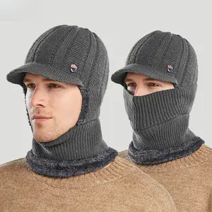 Men's winter warm knitted hat with ear flaps, windproof neck warmer and face mask integrated design.