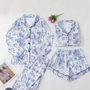 2025 French Style Blue Flower Satin Pajama Set for Women - Short Sleeve Floral Print in Light Blue & White