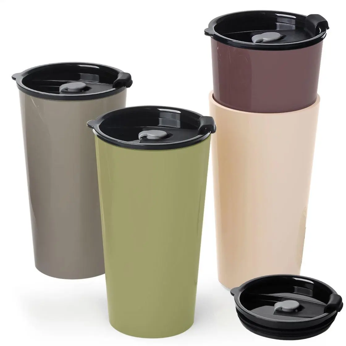 Greentainer 4 Pack Plastic Travel Coffee Mug Set, 20 oz Spill Proof Drinking Cups with Lids, Pobtable to Go Camping Coffee Tumbler Reusable Coffee Mugs with Lids, Dishwasher & Microwave Safe