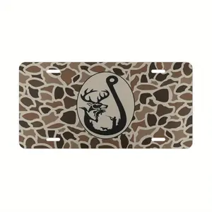 Old School Camo "Fish Hook" Hunting Fishing Vanity Plate, License Plate, Truck Tags, Gifts for Him, Aluminum Front License Plate- 6x12- inch polished metal standard plate, easy to install, car trim accessories, for decor only, Made in USA