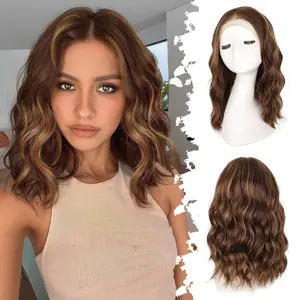 13X4 Lace Front Wigs Short Wavy Wig for Women 14Inch Honey Blonde with Brown Highlight Curly Wavy Wigs Middle Part Natural Hairline Bob Wigs Synthetic Heat Resistant Fiber Wig for Daily Party Use