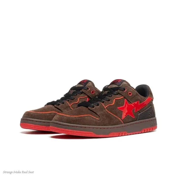 Chocolate Brown Red Accent Low Top Skate Sneakers | Full Soft Suede & Patent Star Decor | Warm Retro Street Daily Outfits | Unisex For Men And Women