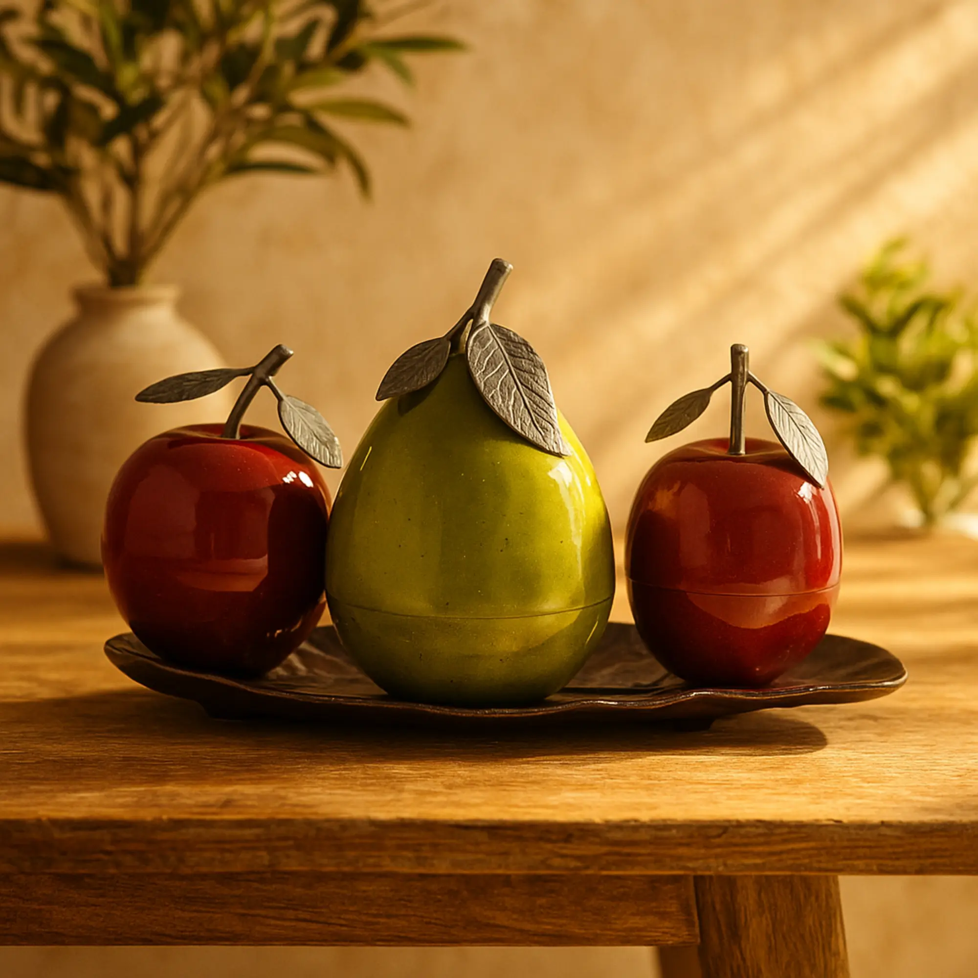 Traditional Metal Fruit Figurine Sculpture - Fully Assembled, Smooth, Vibrant Glossy Vintage Decorative Home Statue with Platter & Plates, 18.4L x 9.5W x 10.65H in, Wipeclean Shine, Prevents Table Scuffs, Ideal Indoor Decor Gift