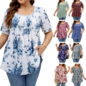 [1X-5X]Plus Size Tunic for Women Summer Tulip Short Sleeve Tunic Tops Scoop Neck Floral Printed Casual Soft Blouses Top Shortsleeve  Shirts Womenswear  1X-5X