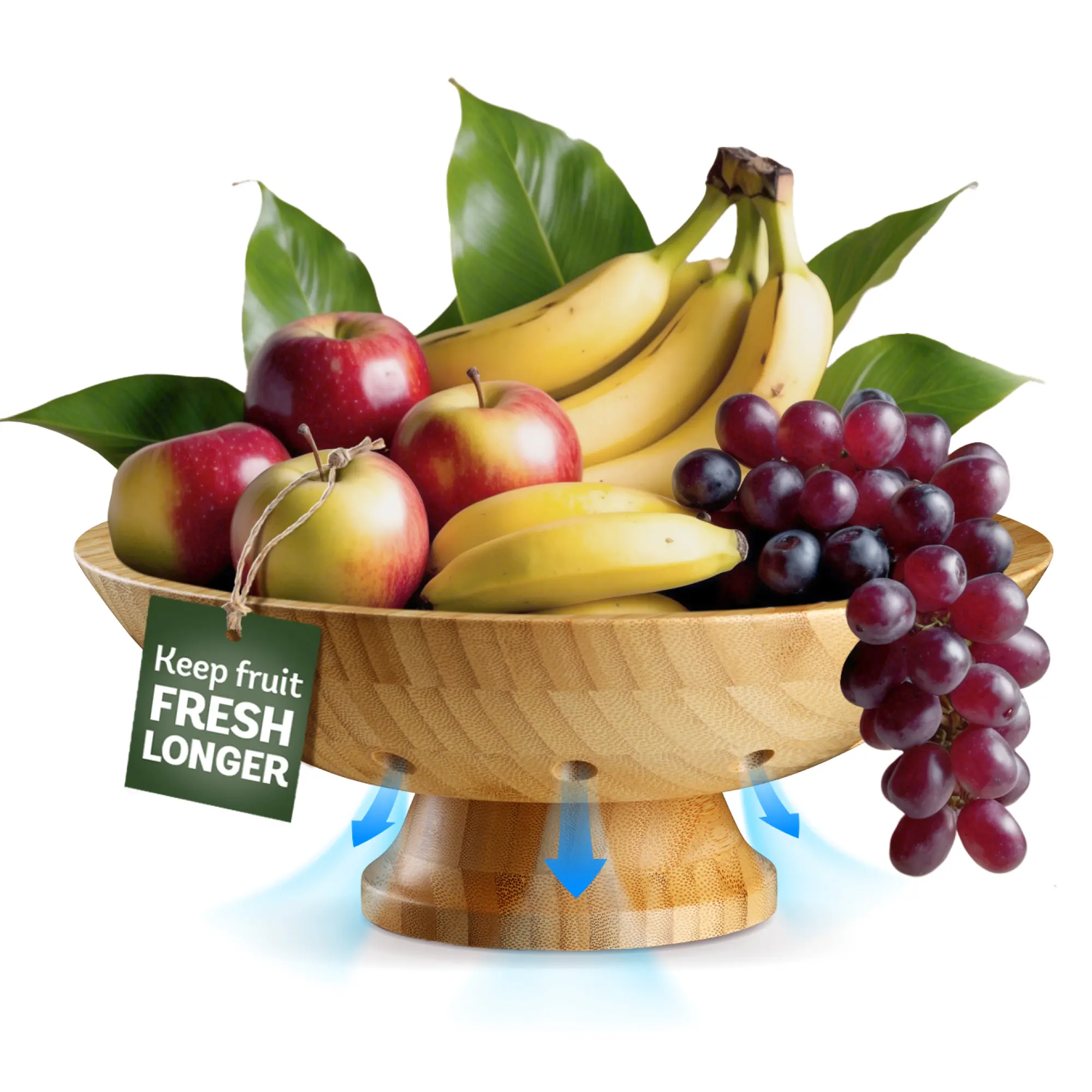Brown Wooden Pedestal Fruit Bowl – Rustic Bamboo Serving Bowl with Large Air-Vent Design for Fresh Fruits - Food-Safe & Water Resistant - Elegant Kitchen Table & Dining Room Centerpiece Decoration