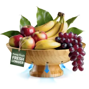 Brown Wooden Pedestal Fruit Bowl – Rustic Bamboo Serving Bowl with Large Air-Vent Design for Fresh Fruits - Food-Safe & Water Resistant - Elegant Kitchen Table & Dining Room Centerpiece Decoration