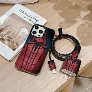 6-Piece Set Spider Pattern Protective Phone Case Casing + Charger Head Cover + Cable Protector + Storage Rope + Data Line Protection for iPhone 15/16 Series Accessories