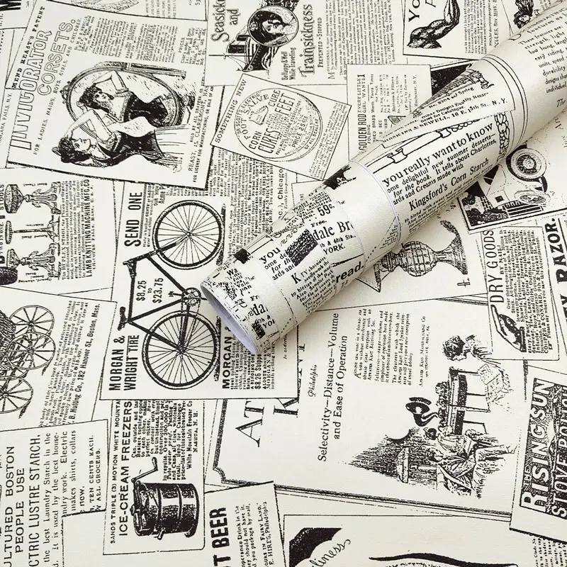 Vintage Self-Adhesive Wallpaper Roll, Peel And Stick Wallpaper Vintage, Decorative Wallpaper, Old Newspaper Style Wall Paper for Student Live Stream Background, Coffee Shop Home Decor