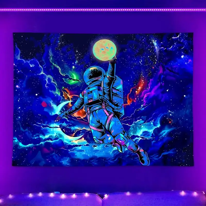 Astronaut Pattern Fluorescent Tapestry, 1 Count Dark Themed Light Tapestry, Cool Milky Way Space Starry Sky Tapestry, Living Room Bedroom Aesthetic De
