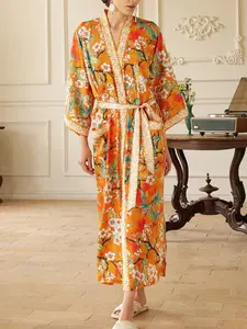 Boho Bohemian Floral Printed Kimono Cardigan, Long Sleeve Loose Fit Women's Casual Elegant Party Outerwear, Beach Vacation Home Bathrobe Womenswear
