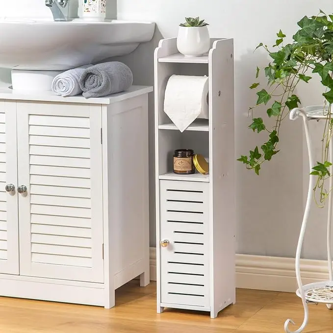 Small Bathroom Storage Cabinet with Toilet Paper Holder Stand, No Drill PVC Organizer for Small Spaces, Freestanding Toilet Paper Storage Shelf for Apartment, RV & Rental Bathroom Use
