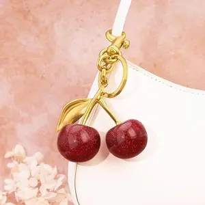 Gold Plated Glitter Cherry Keychain  Bag Charm Cute Accessories Sparkling Purse Charms for Women Adorable for Purses-Cute Bag Charm for Women Fashion Keyring for Handbags, Car Keys  Bag Charm Cute Key Chains Strawberry  Valentine Gifts for Women