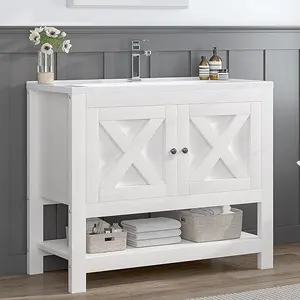 HOMBCK 35''Farmhouse Bathroom Vanity with Sink, Bathroom Vanity Cabinet with 2 Doors, Open Shelf and Ceramic Basin, Freestanding