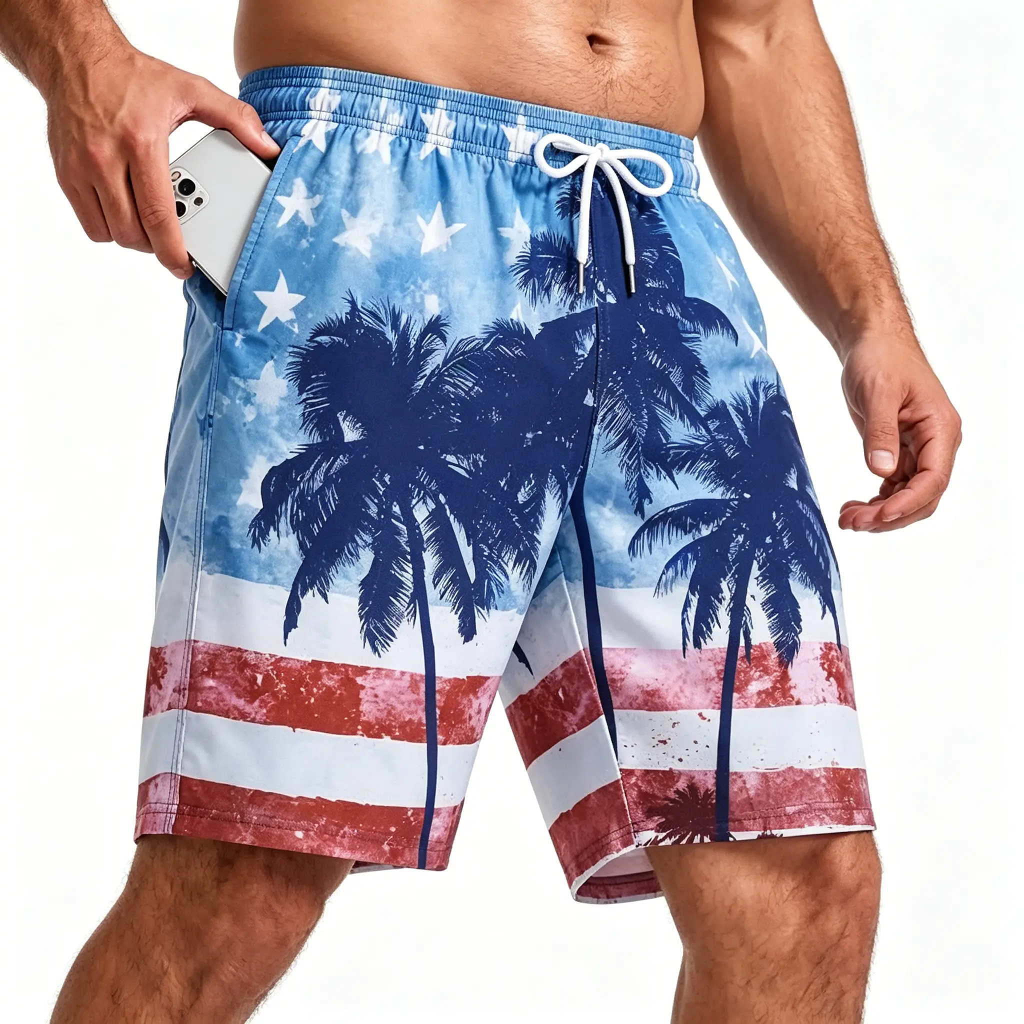 Men's Tropical Print Board Shorts with Quick-Dry Stretch Fabric, Pockets, and Adjustable Fit for Beach, Swimming & Surfing, Swim Trunks, Beach Look, Pocketed, Casual Beachwear Men's Shorts, Sporty Chic, Drawstring Waistband Men's Shorts
