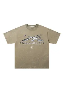 American Vintage Dark Street Style Washed Tie-Dye Star and Flame Design T-Shirt, Unisex Summer Fashion Casual Streetwear Loose-Fit Short Sleeve Top