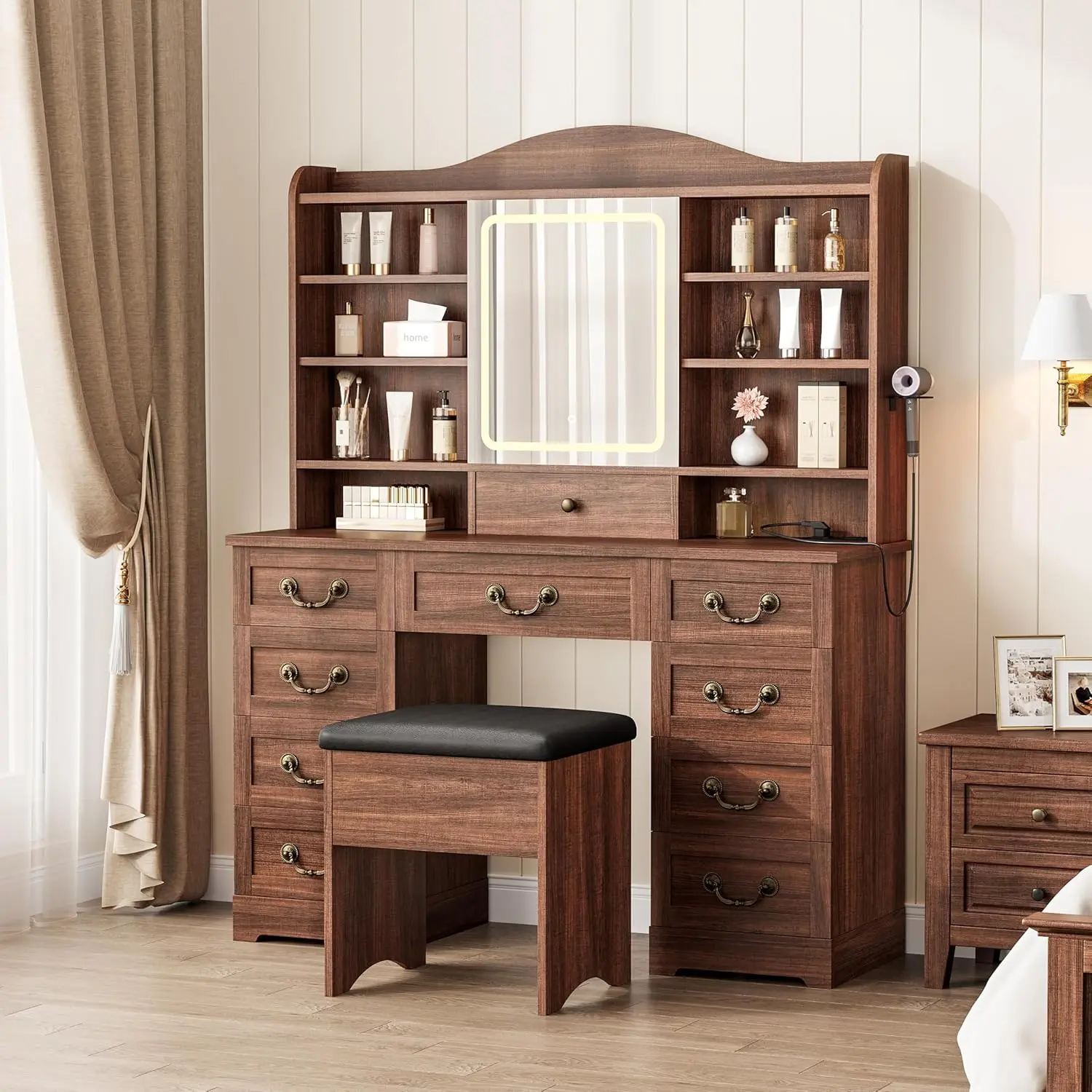Gaomon Lighted Vanity Table - 47-in LED Lighting Vanity Desk with Built-in Mirror, 60.3"h×47.2"w, 8 Shelves, 10 Drawers, Power Outlet, Chair, Bedroom Beauty Storage Organization (Brown), Outlets, Built-In Vanity Mirror Makeup Vanities