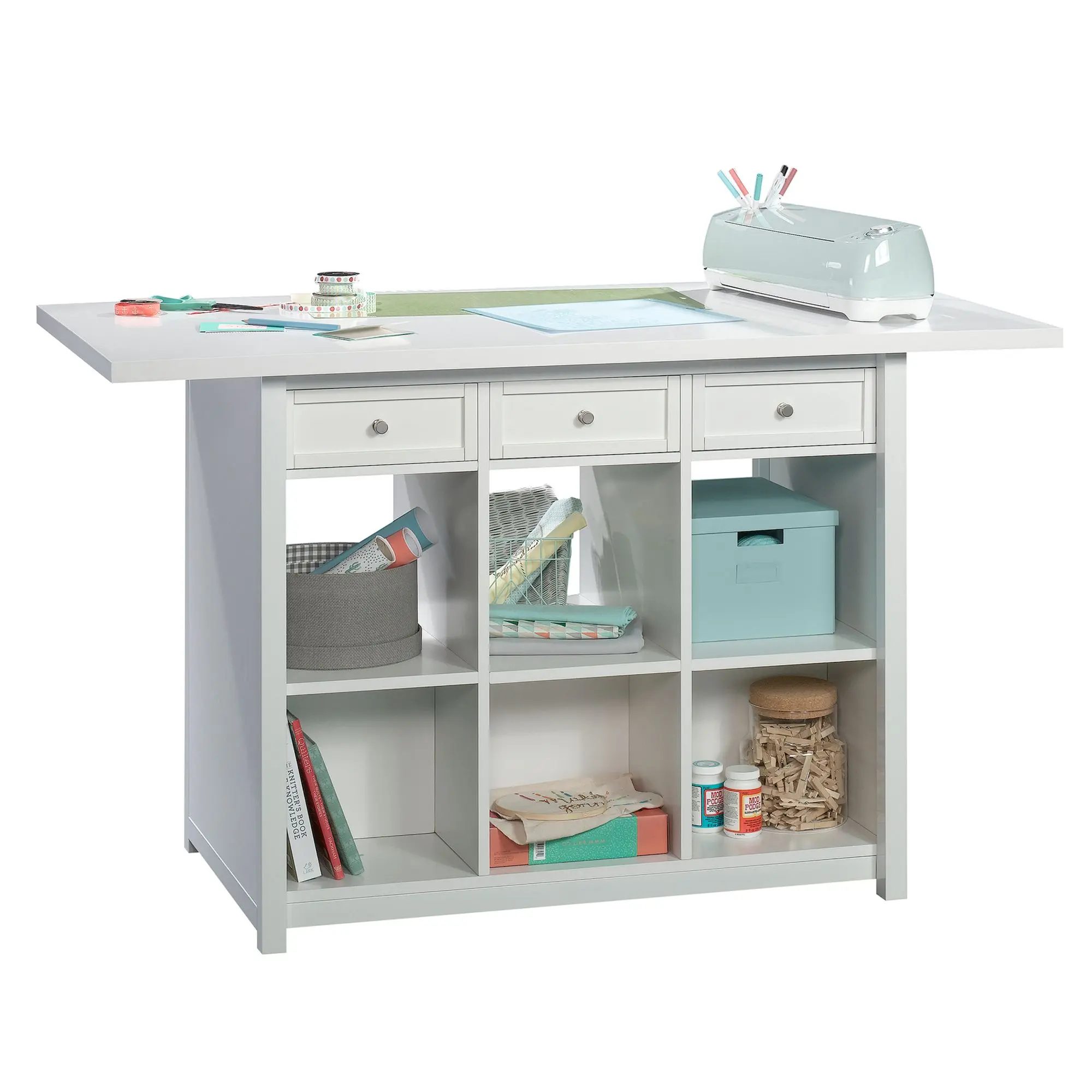 Sauder Craft Pro Series Work Table - Melamine Top, Fabric File Drawers, Open-Shelf Cubby Holes, Tabletop Shelving & Storage for Home Crafting Supplies Organization, Rectangle