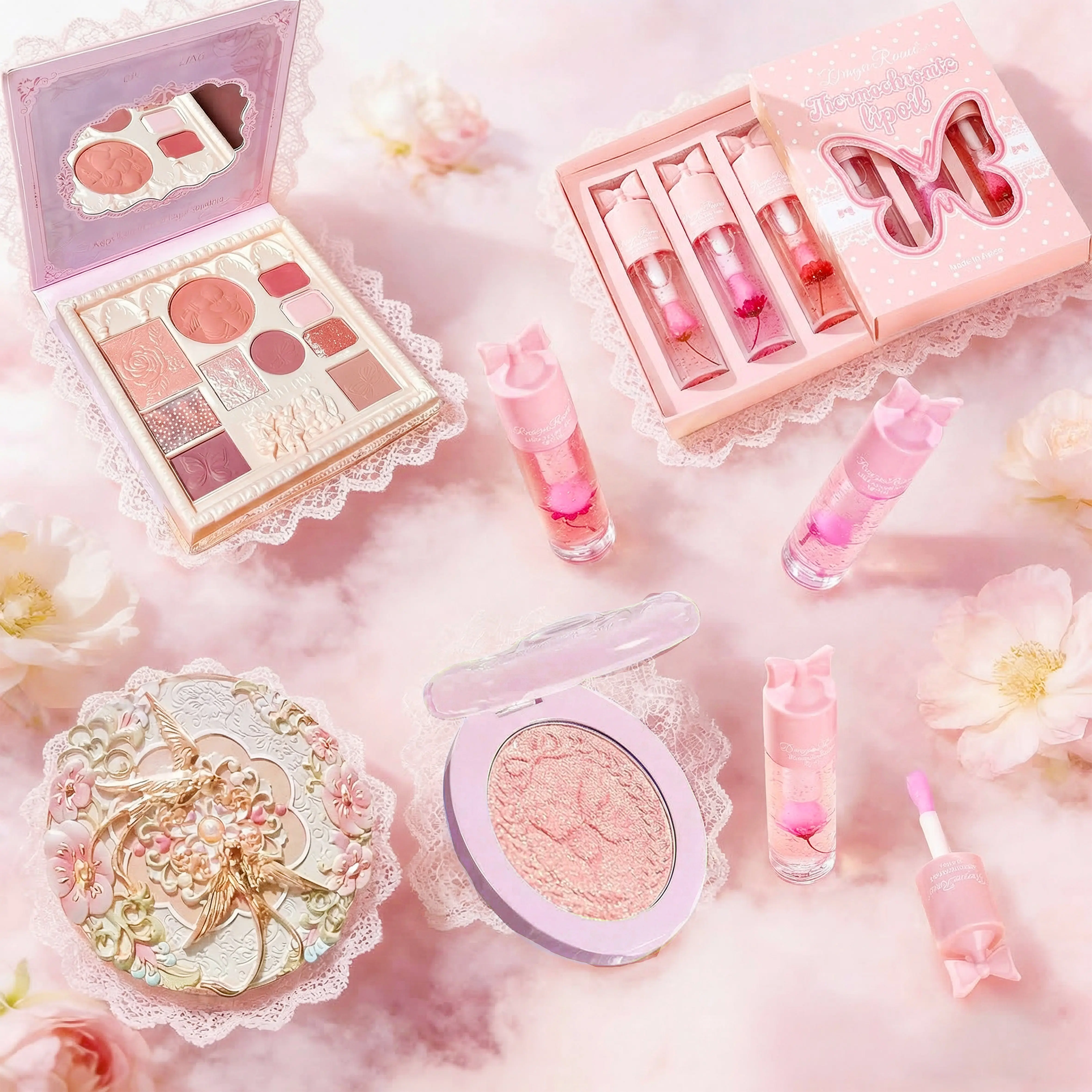 Sakura Angel Style makeup set, cosmetics, affordable, long-lasting liquid blush, juicy spicy lip gloss, plumping lip kit, complete Airbrush makeup set (includes eyeshadow, highlighter, lip tint, makeup mirror), curated combination of a face palette and sk