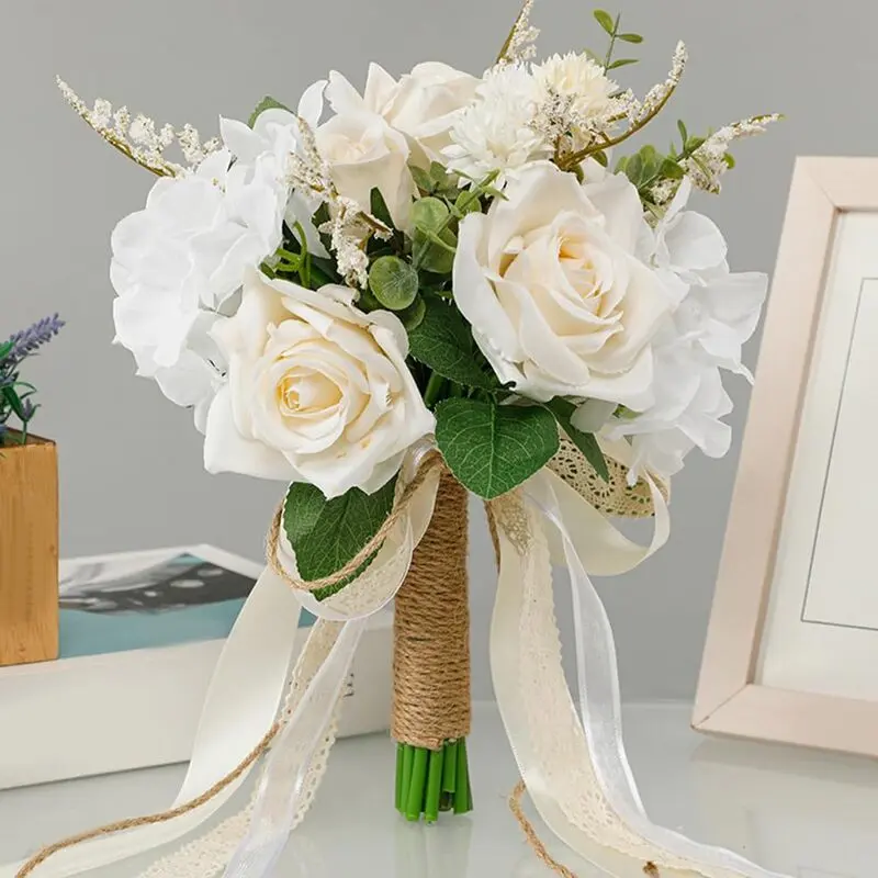 Elegant Large Reusable Fade-Resistant Synthetic White Champagne Rose Bouquets - Bride's Dainty Decorative Flowers for Wedding Church, Home Wall Decorating, Office Use