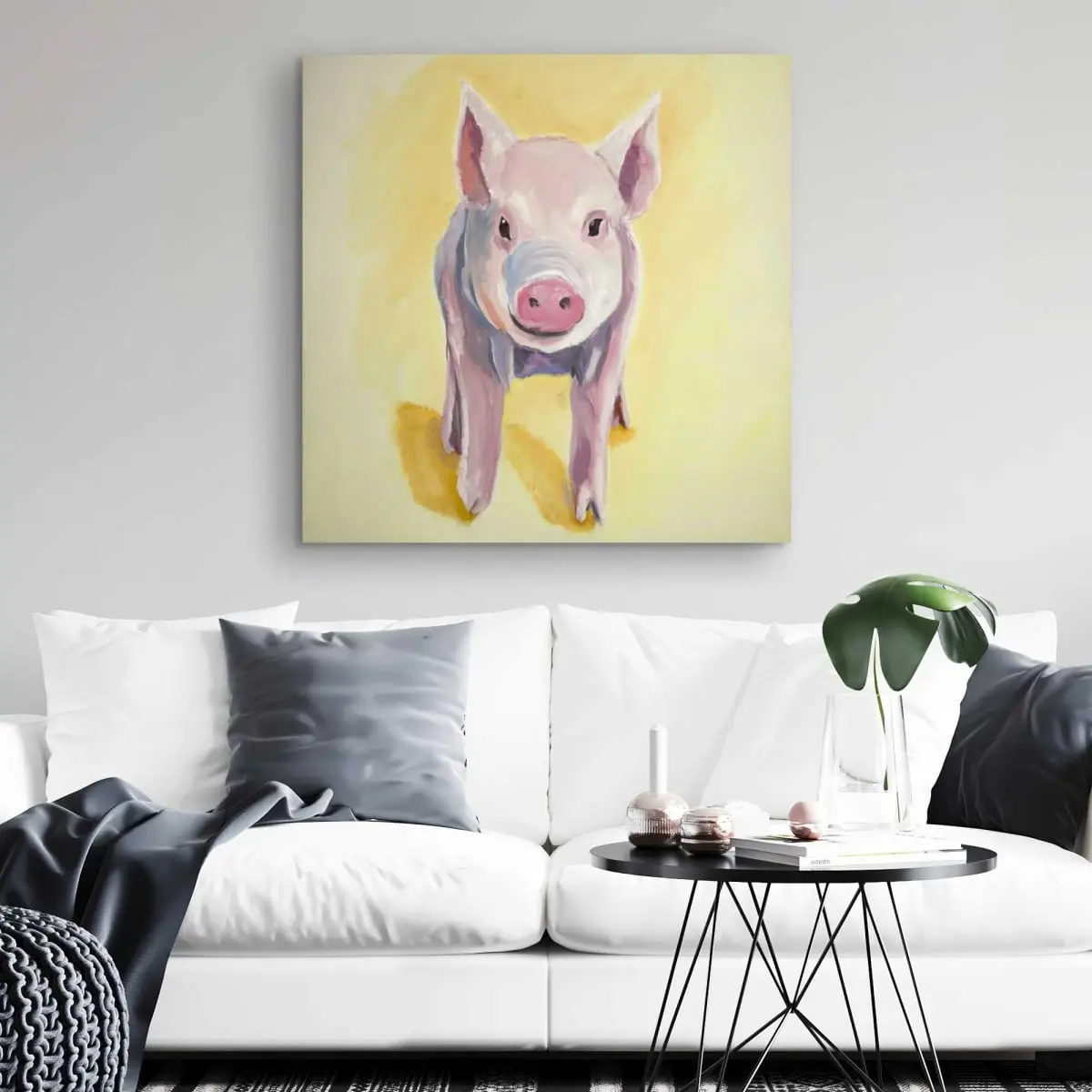 212 MAIN Pink Solitary Pig Artistic Animal Wall Photo, 32x32 in. Farmhouse Poster Print, Gift-Worthy Home Decor for Room Accent