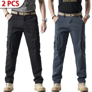 HOMUG Men's 2-Pack Solid Color Flight Work Pants, Casual Multi-Pocket Straight-Leg Style. Men's Fashion Apparel — Suitable for Spring and Summer. outdoorfun