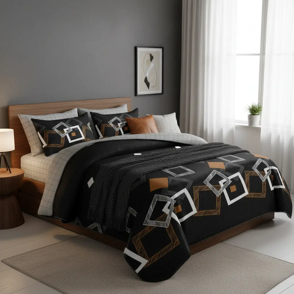Black Geometric 6-Piece Comforter in a Bag – Lightweight Summer AC Quilt, 2-in-1 Quilt & Mattress Topper, Soft Bamboo Microfiber, Wrinkle & Fade Resistant, Machine Washable | Comforter + Fitted Sheet + 2 Pillowcases + 2 Cushion Cases, Queen/King/Cal King