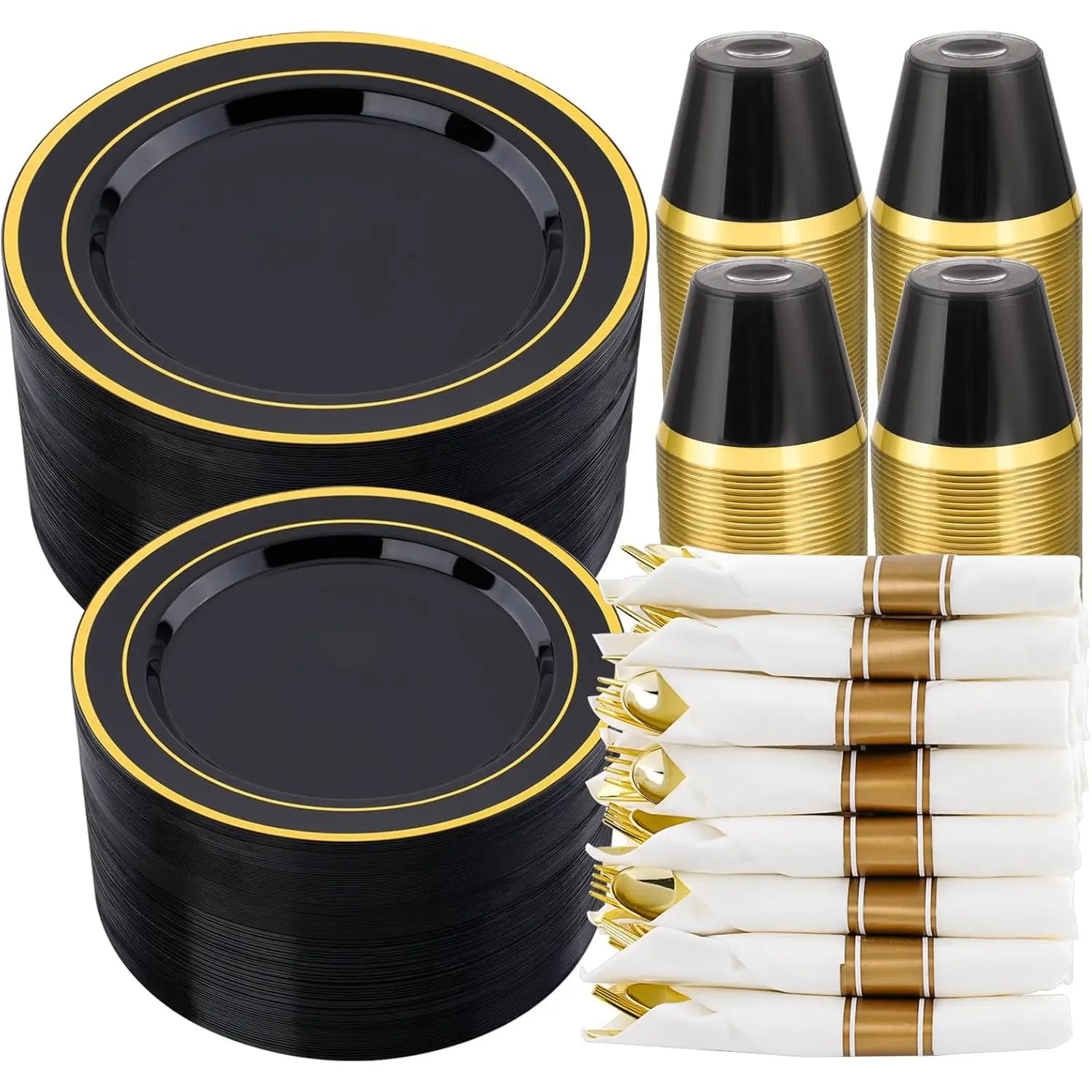 Food Grade BPA-Free Round Black Disposable Plastic Dinnerware Set - 350-Piece 50 Guests Pack, 100 Plates, 50 Cups, Pre-Rolled Napkins, Gold Silverware, Premium Design, Ideal for Parties, Party