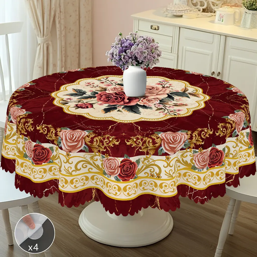 【Back to School】PLUMLIK Elegant Floral Tablecloth Brick Red with Marble Texture Rose Flower Table Cover Vintage Rectangular Round Tablecloth for Wedding Anniversary Courtyard Summer Home Holiday Party Decoration Bridal Shower Gift Kitchen Accessories, Eur
