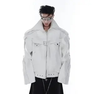 American Heavyweight Deconstructed Leather Jacket High Street Motorcycle Clothing Men's Casual Loose Fit Fashionable Top Menswear Biker Chinese Coats Beige Black Long Sleeve Plain