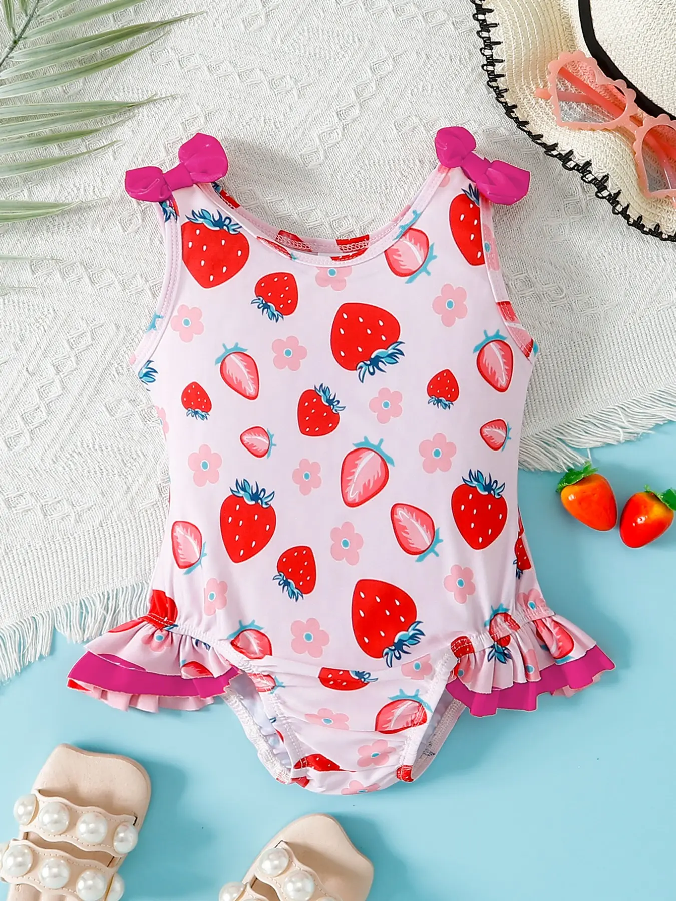 Summer Baby Girls' Strawberry Floral Bow Ruffle One‑Piece Swimsuit Toddler Bathing Suit 🍓 Cute Beach Pool Swimwear