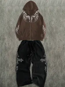 Gothic - Patterned Zip - Up Hoodie & Sweatpants Set, Trendy Streetwear with Edgy Vibe, TikTok - Popular Fashion Item