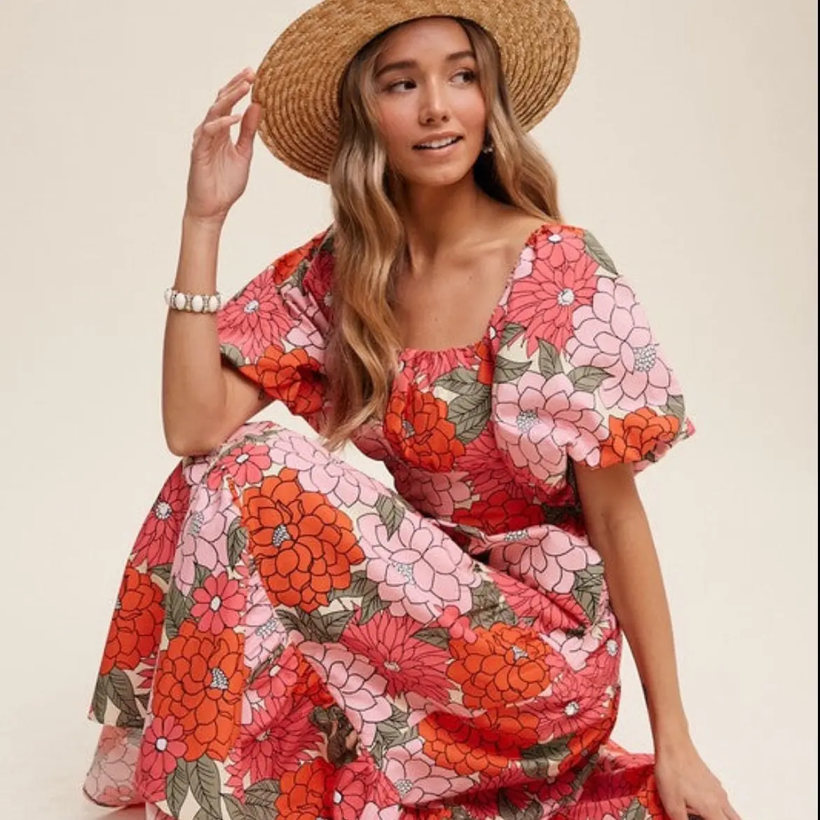 Jolene Floral Puff Sleeve Midi Dress