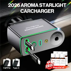 5-in-1 Car Air Freshener Charger with two retractable Type-C cables, red starry sky ambient lighting, and a car air freshener; features fast charging and comes with 6 bottles of high-quality perfume.