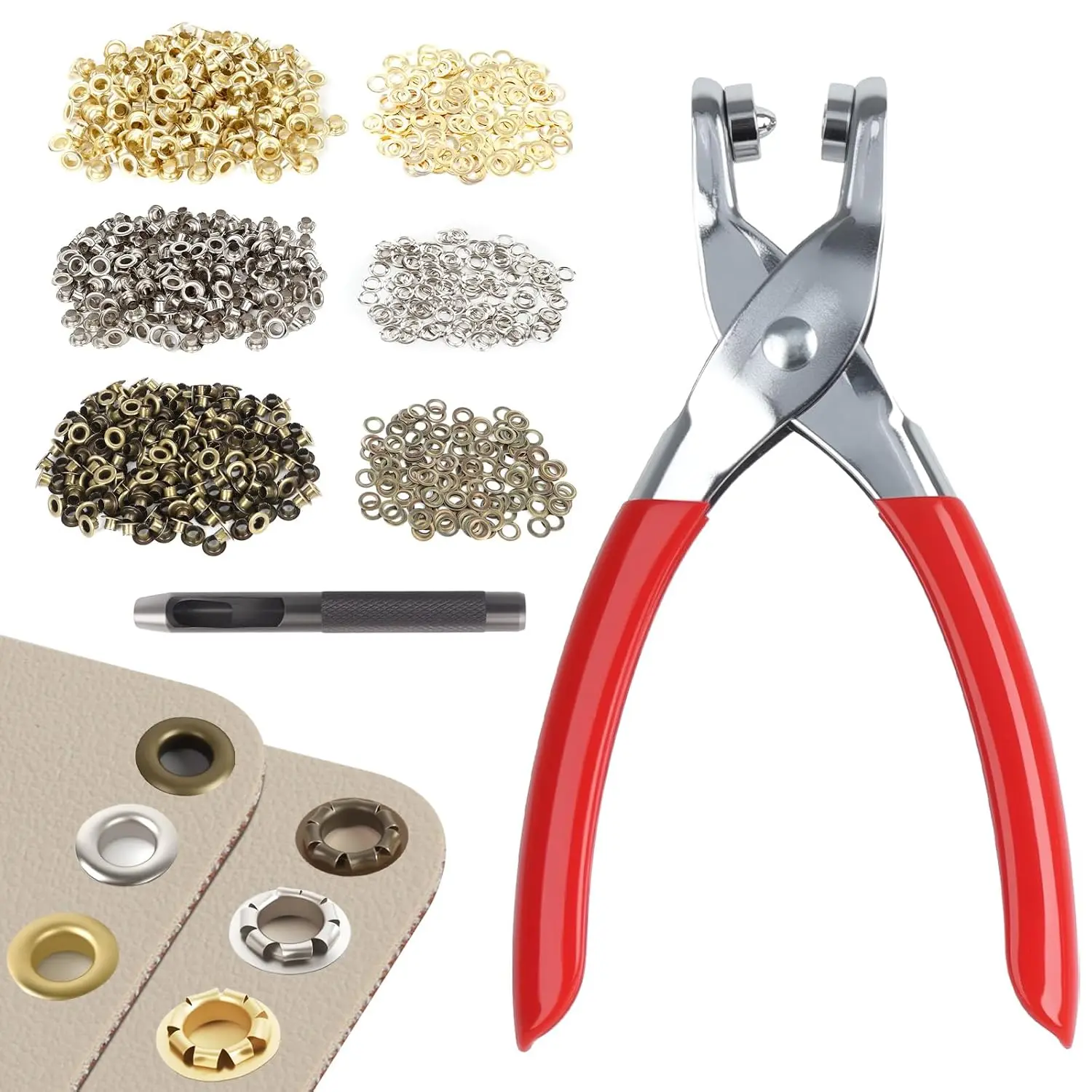 1203Pcs Eyelet Kit - 1/4In (6mm ID) Manual Grommet Tool Kit with 1200 Metal Eyelets and Washers (Gold, Silver, Copper) for Fabric, Leather Crafting, Flowered Edge Projects