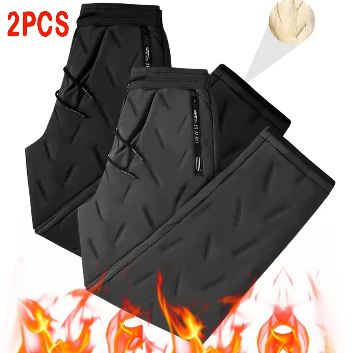 Men's Thermal Fleece-Lined Pants - Mensfashion Menswear Bottoms, Thick Durable Loose Fit, Mid-Rise Monochromatic, Machine-Washable, Drawstring Waistband, Side Pockets, Winter Cold Weather Use (Office, Travel)
