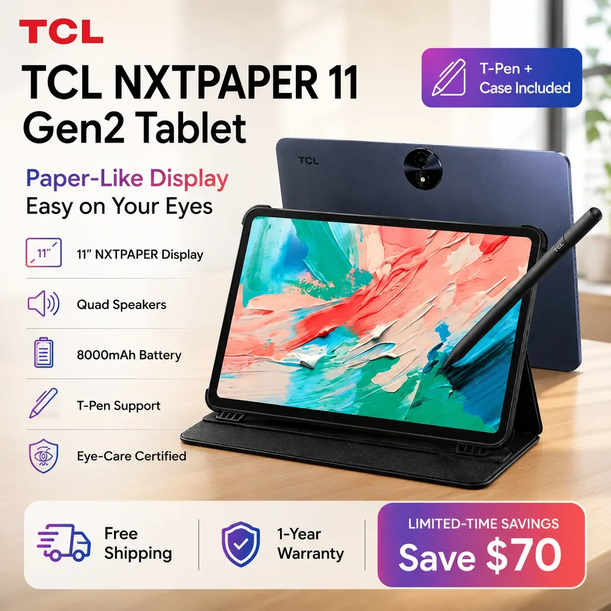 TCL NXTPAPER 11 Gen 2 Android Tablet, 11" Drawing Pad & Digital Notebook, Stylus & Flip Case Included, NXTPAPER 4.0 Display, Android 15, AI Tools, 6+64GB / 8+128GBRAM, 64GB/128GB Storage, 8000mAh Battery, Gray fathersdaygift