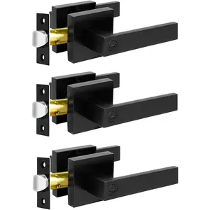Door Levers, 3 Pack Matte Black Door Handles Bed and Bath Door Locks Interior Keyless Locksets, Left and Right Hand Reversible