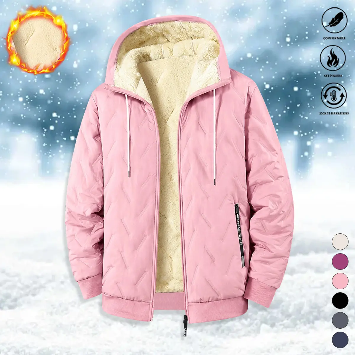 Women’s fleece-lined thick jacket with hood, solid color, warm and comfortable, suitable for commuting and everyday wear; women’s insulated jacket, womenswear, women’s outerwear