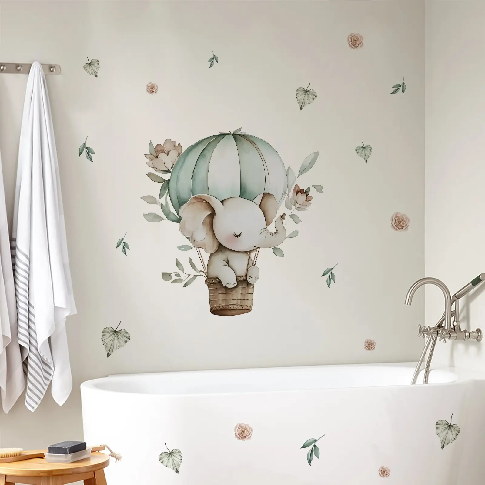 A new-style hot air balloon elephant wall sticker for bedroom, living room, and bathroom background walls. Wall sticker for beautification and decoration. M12070