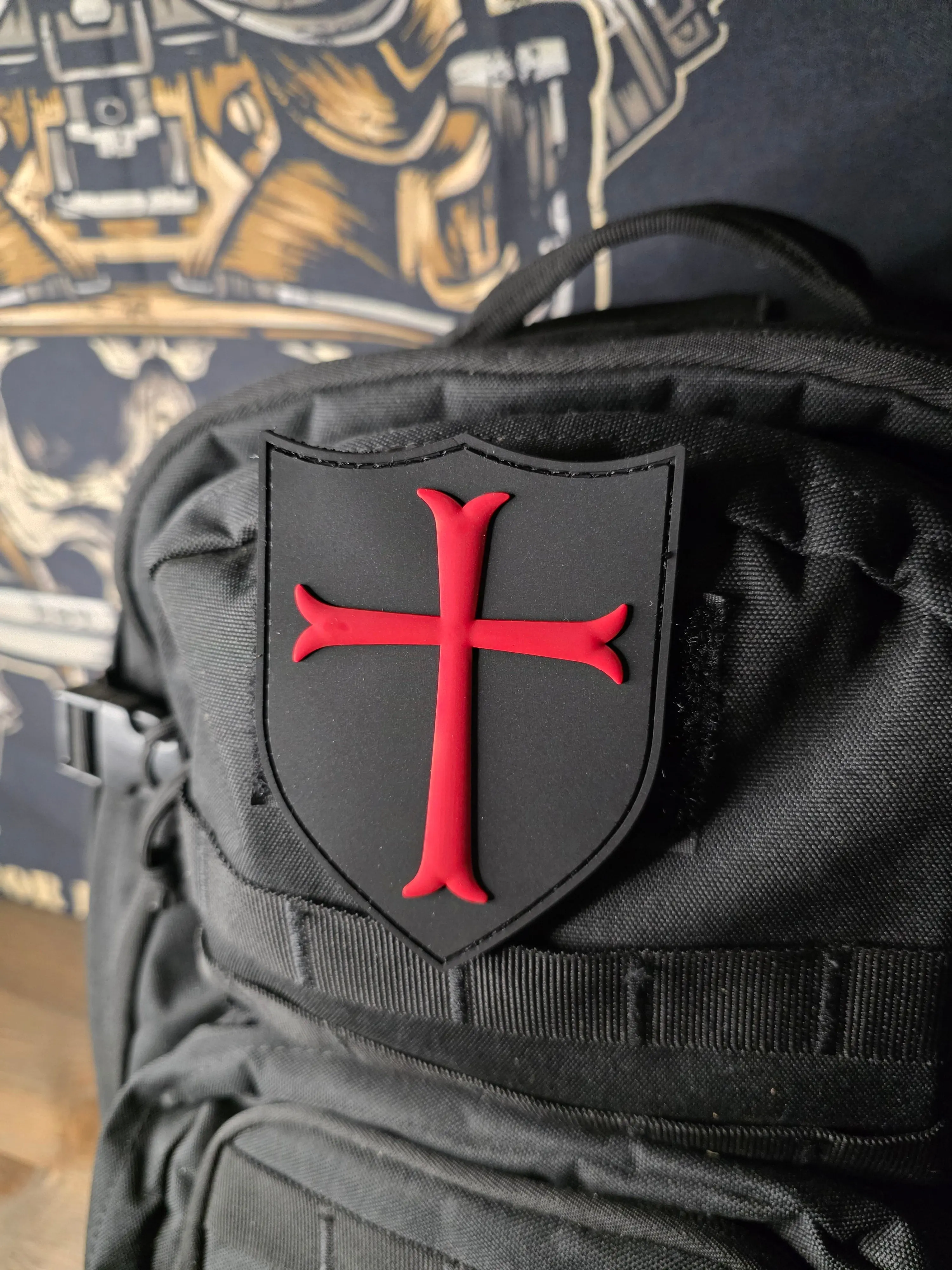 Crusader Shield Morale Patch - Bold Red Cross Rugged Matte Black PVC Material Tactical Emblem, Hook and Loop Tactical Accessory, Easy-Attach Sewing Supply for Vests/Bags