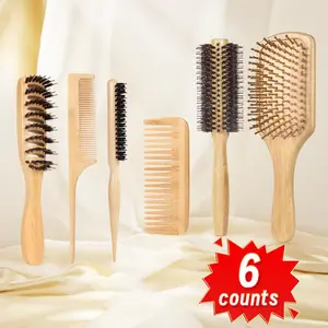 Bamboo Heatless Hair Styling Tool Set, 6 Counts/set Hair Combs  for Women & Men, Hair Styling Comb for Home & Salon Use