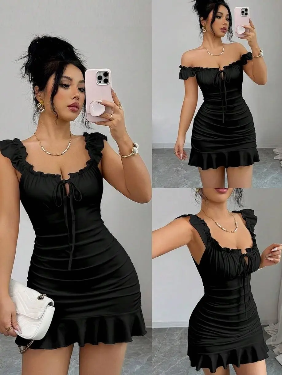 Elegant Bodycon Mini Dress - Ruffled Hem Fitted Black Sexy French Style for Summer